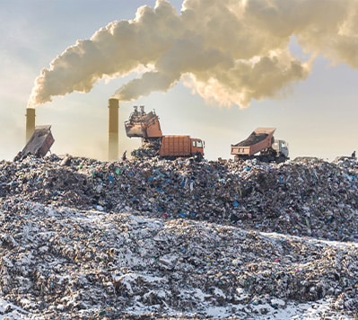 Dump trucks unloading at a landfill